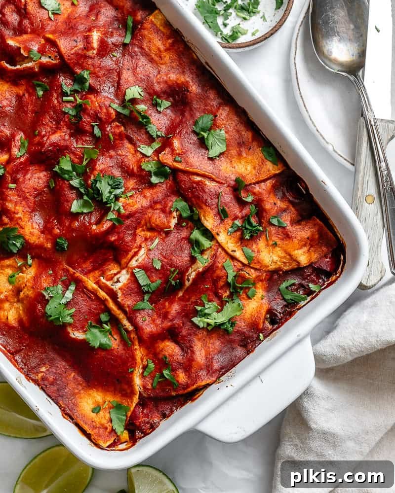 Plant-Powered Enchilada Layers 2 completed Vegetarian Enchilada Casserole in baking dish