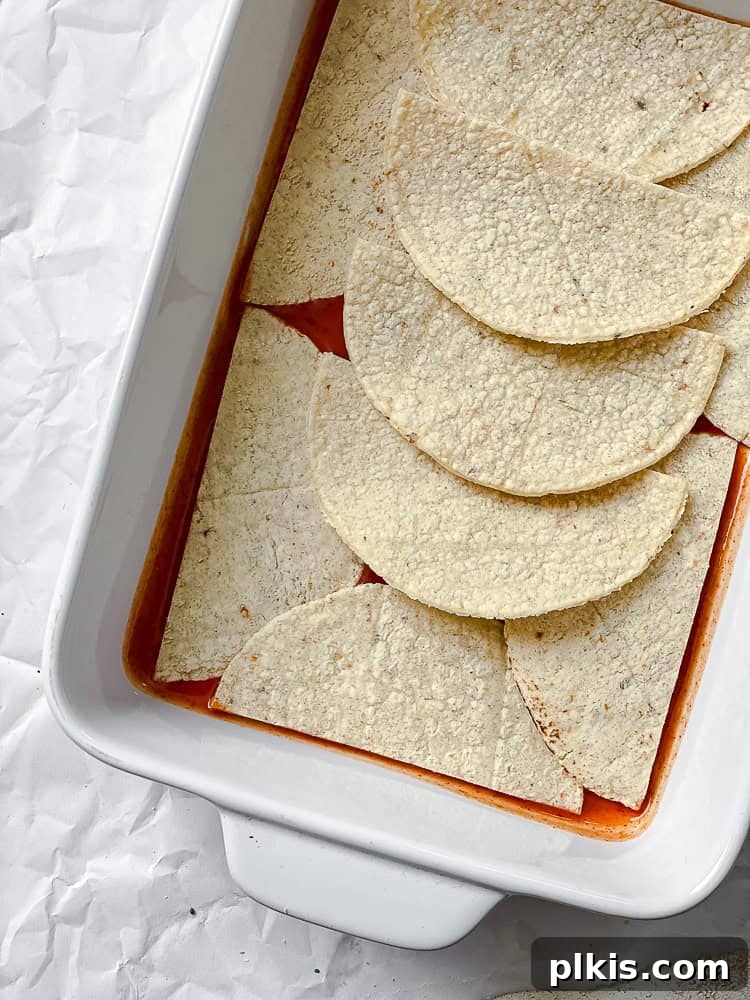 Plant-Powered Enchilada Layers 5 process shot showing tortilla added to baking dish