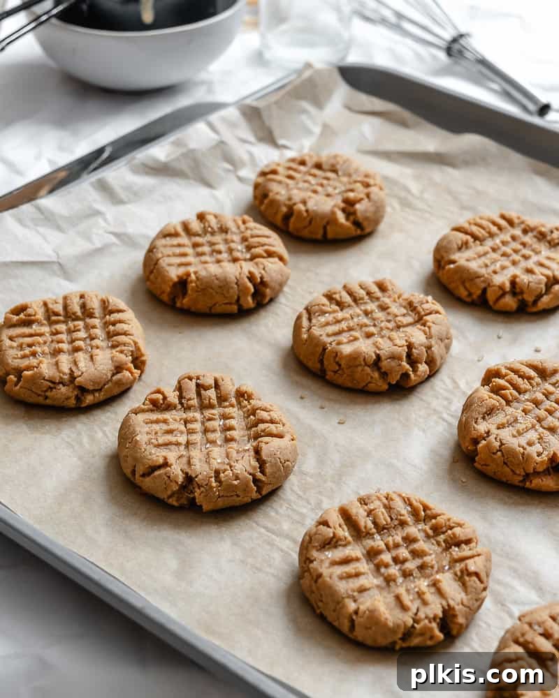 Plant-Based Peanut Butter Perfection 10 completed Vegan Peanut Butter Cookies on baking sheet