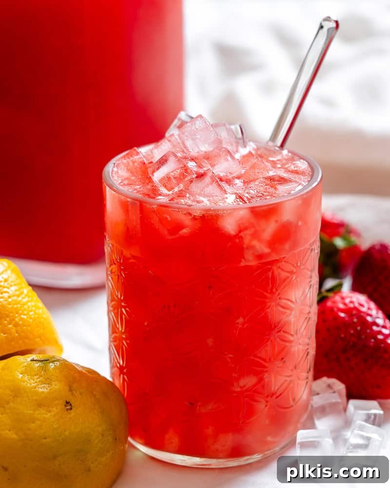 Effortless Strawberry Lemonade in Minutes 5 A refreshing glass of homemade Fresh Strawberry Lemonade with a straw, garnished with fresh fruit, showing its vibrant pink color.