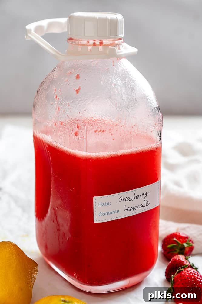 Effortless Strawberry Lemonade in Minutes 6 Completed Fresh Strawberry Lemonade in a clear glass pitcher, ready for serving.