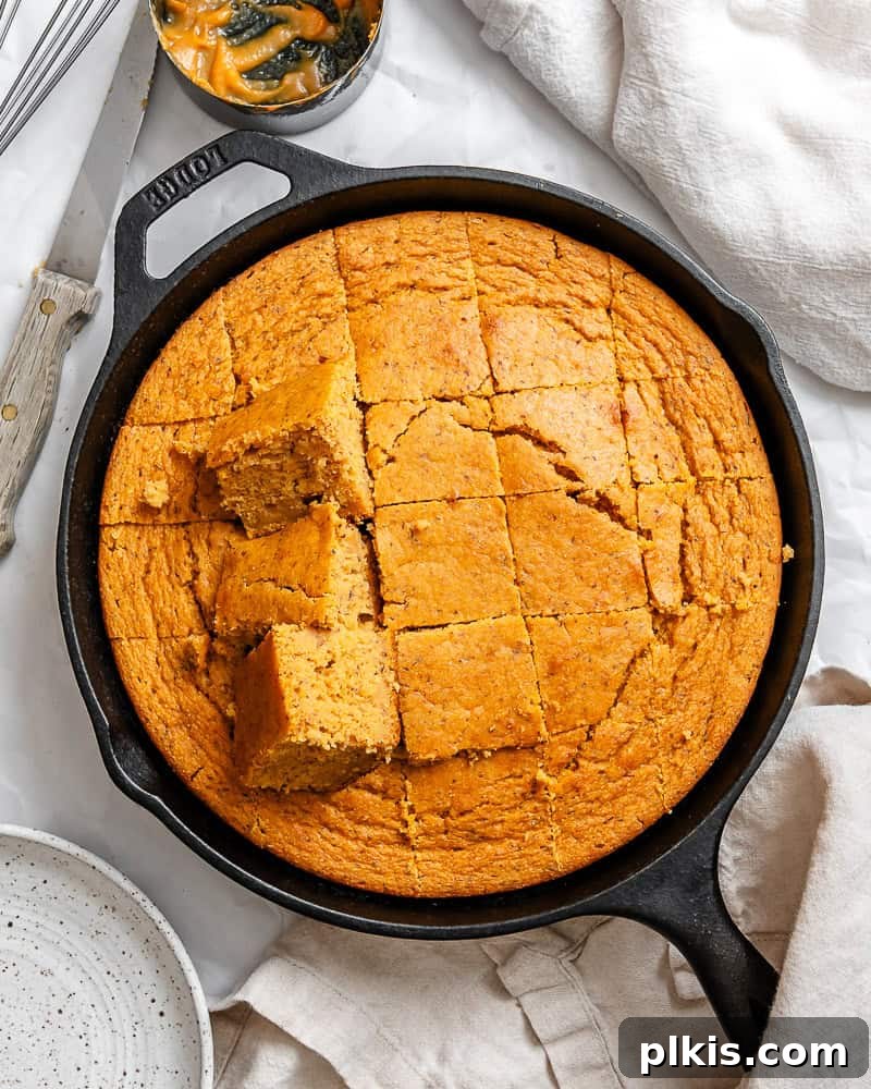 Spiced Sweet Potato Cornbread 2 Golden-brown sweet potato cornbread cooling in a cast-iron skillet, ready to be sliced.