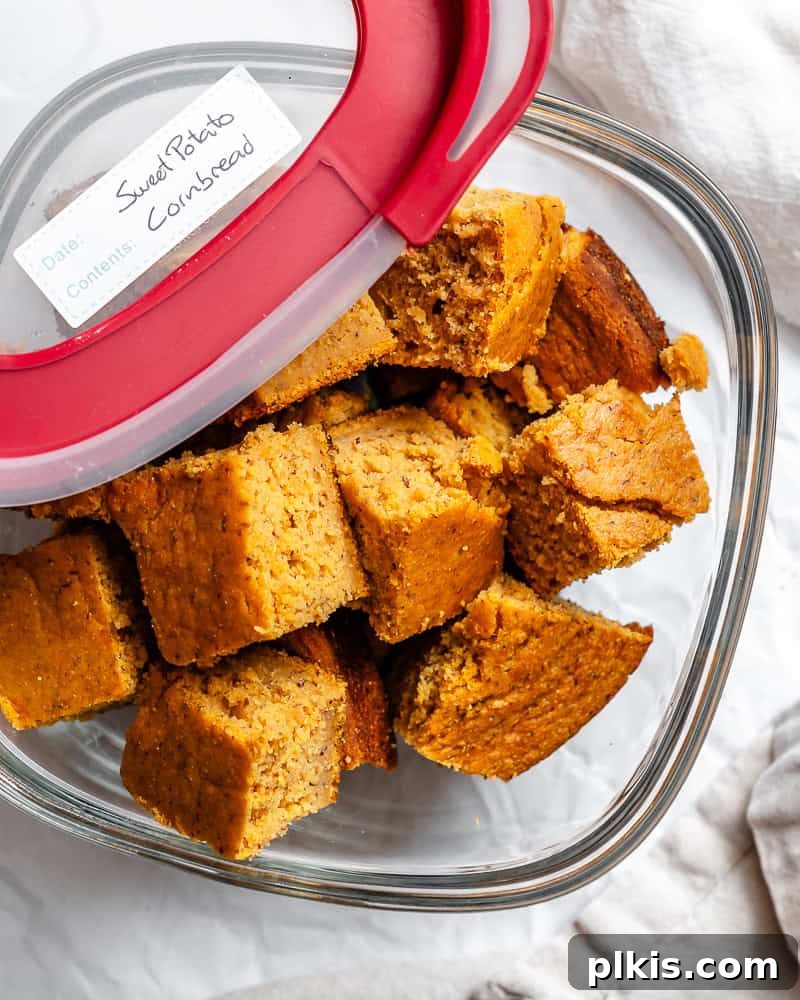 Spiced Sweet Potato Cornbread 11 Slices of sweet potato cornbread stored neatly in a clear airtight food storage container.