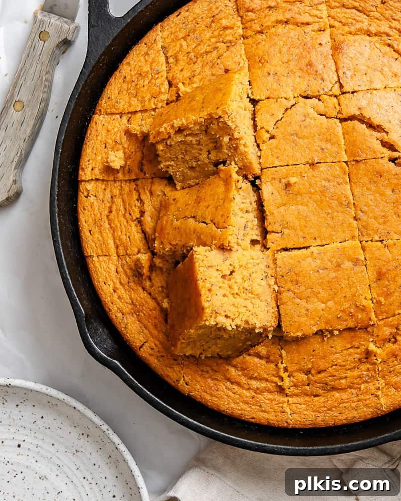 Spiced Sweet Potato Cornbread 10 A freshly baked sweet potato cornbread in a cast-iron skillet, sliced and ready to be served, showing a moist, golden interior.