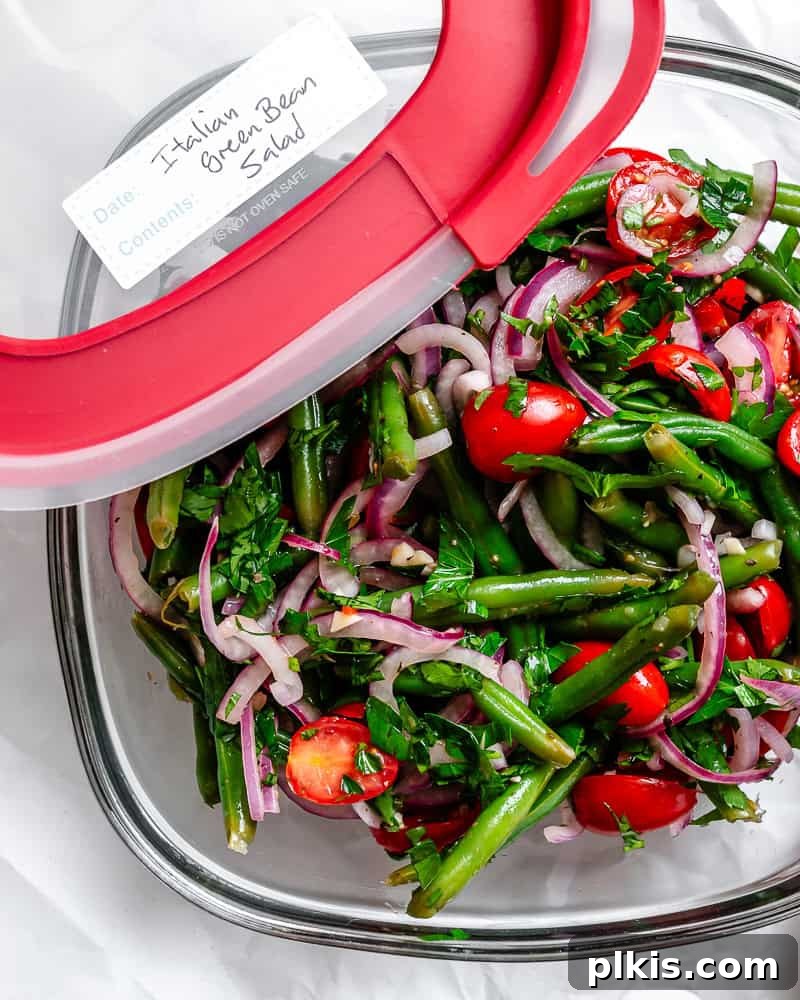 Zesty Green Bean Salad 9 completed Green Bean Salad in a storage container