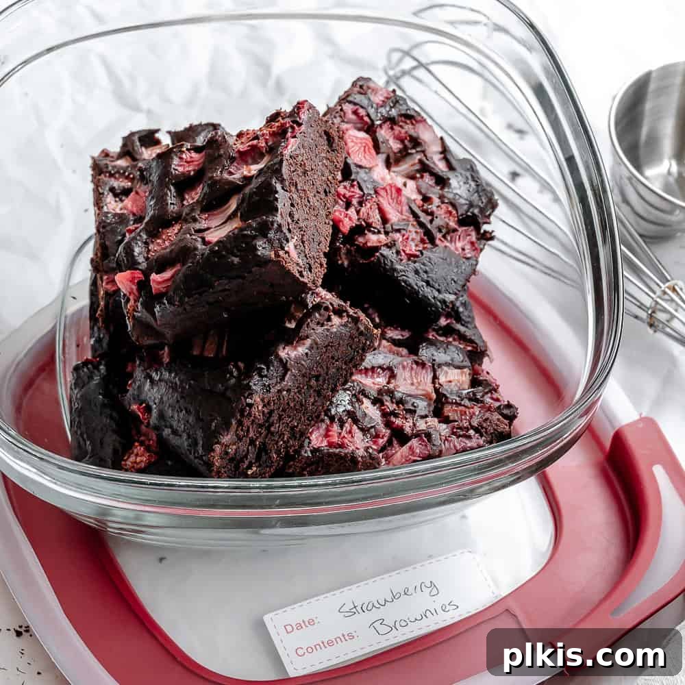 Strawberry Kissed Brownies 9 Sliced Strawberry Brownies stored in an airtight container, ready for refrigeration or freezing.