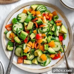 A completed Cucumber and Bell Pepper Salad, beautifully presented on a plate.