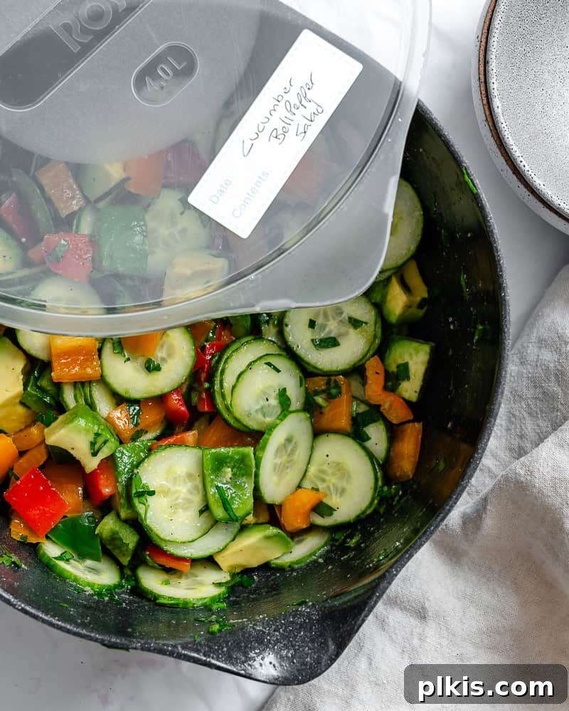 Crisp Cucumber and Pepper Medley 9 Leftover Cucumber and Bell Pepper Salad stored in an airtight container for meal prep.