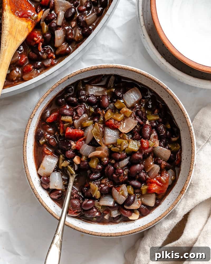 a bowl of black bean chili, garnished with fresh cilantro and vegan sour cream.