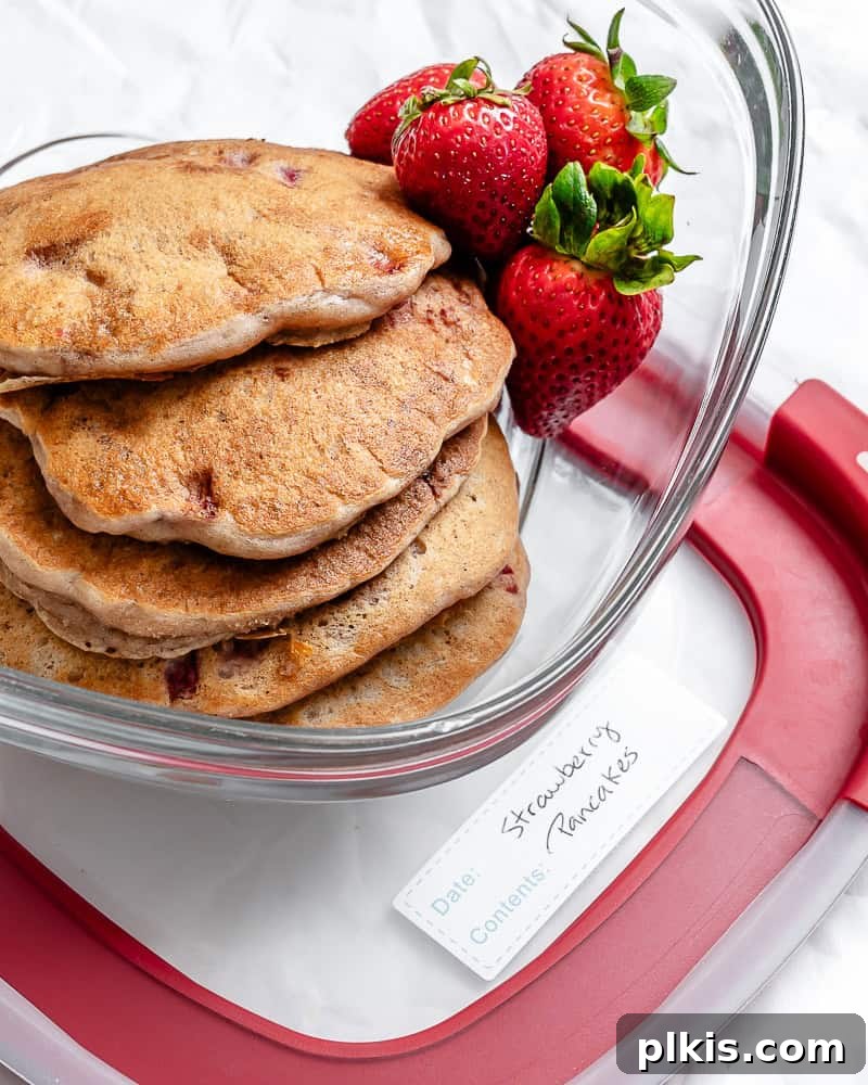 completed Strawberry Pancakes [Eggless & Dairy-Free] in a storage container