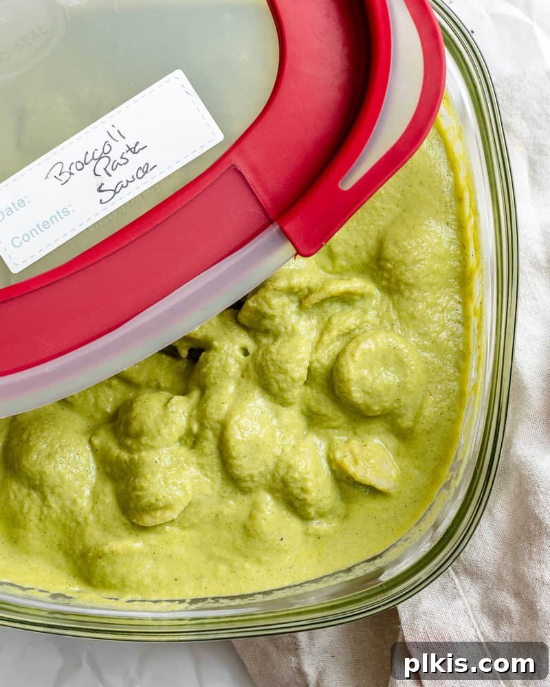 Creamy Broccoli Pasta 11 completed Broccoli Pasta Sauce in storage container
