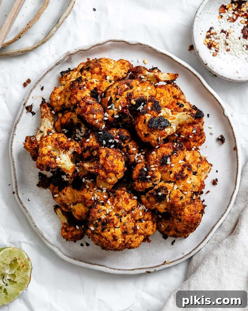 Fiery Roasted Cauliflower 2 Completed Spicy Roasted Cauliflower on a plate, garnished with fresh herbs and lime wedges.