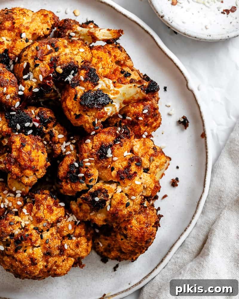 Fiery Roasted Cauliflower 7 Completed Spicy Roasted Cauliflower on a plate, close up, showing crispy edges and caramelized texture.
