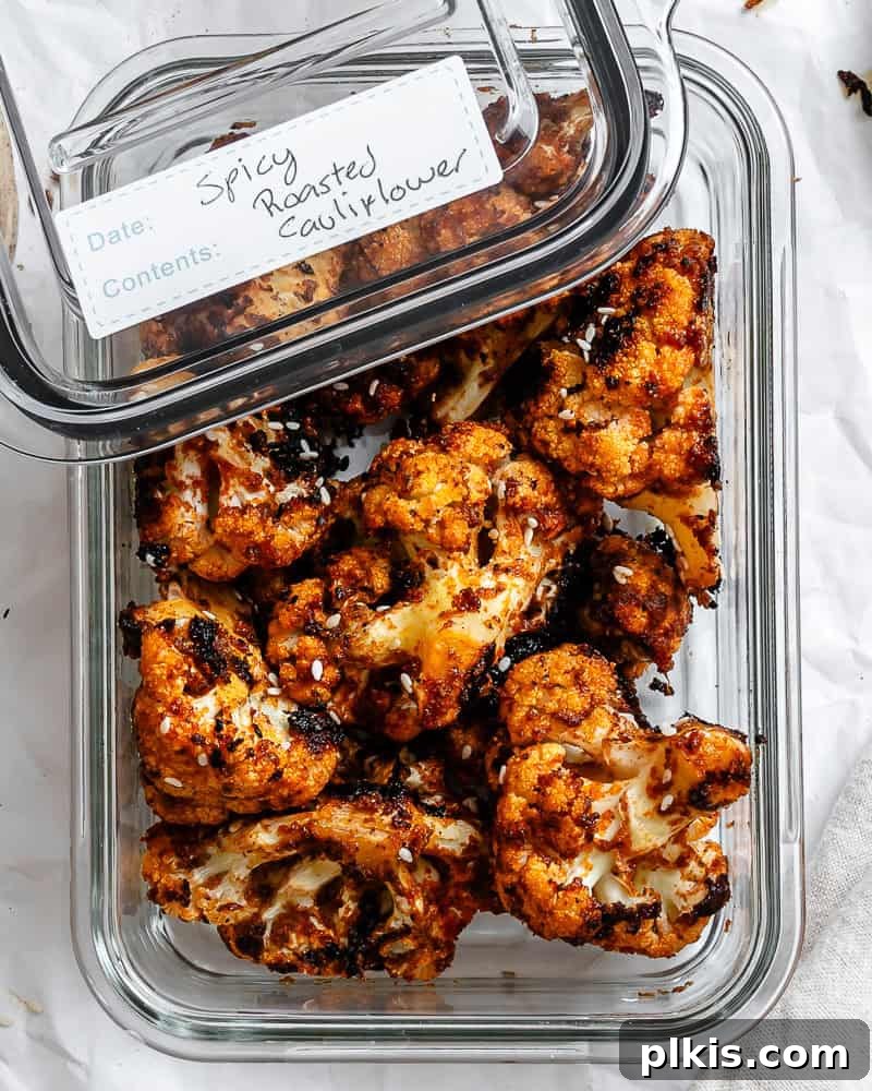 Fiery Roasted Cauliflower 8 Completed Spicy Roasted Cauliflower in a clear storage container, ready for meal prep.