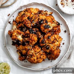Fiery Roasted Cauliflower 9 completed Spicy Roasted Cauliflower on a plate