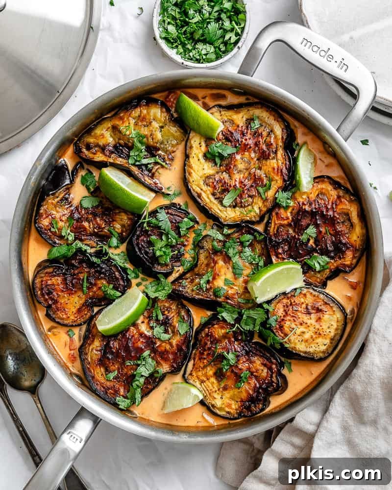 Effortless Eggplant Curry 2 Delicious Quick Eggplant Curry served in a pan, garnished with fresh cilantro