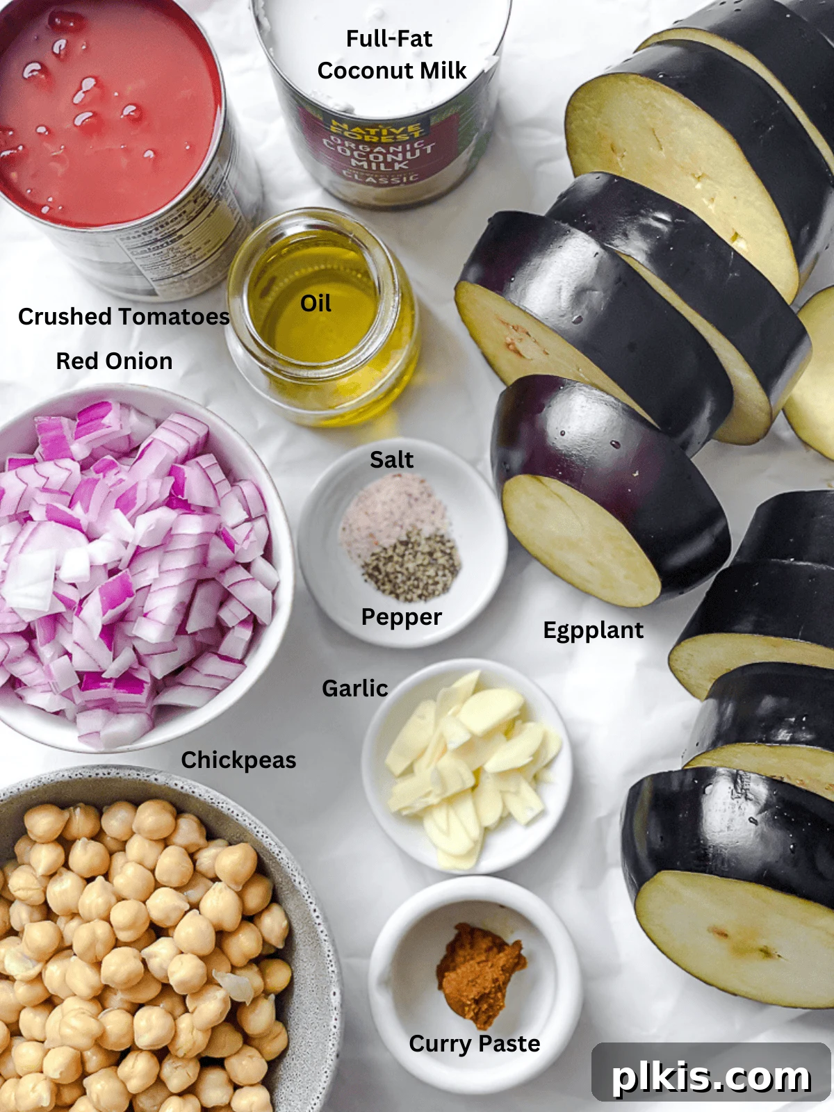 Effortless Eggplant Curry 3 Assortment of fresh ingredients laid out for Quick Eggplant Curry preparation