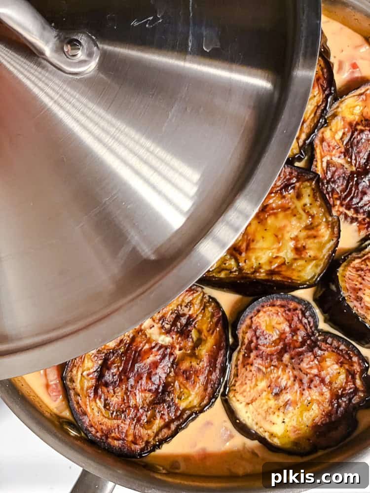 Effortless Eggplant Curry 8 Lid covering the pan, allowing the eggplant curry to simmer and flavors to deepen