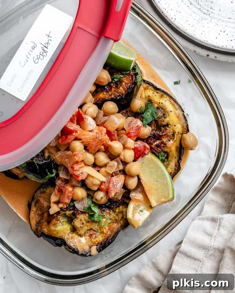 Effortless Eggplant Curry 10 Quick Eggplant Curry stored in a clear meal prep container for future enjoyment