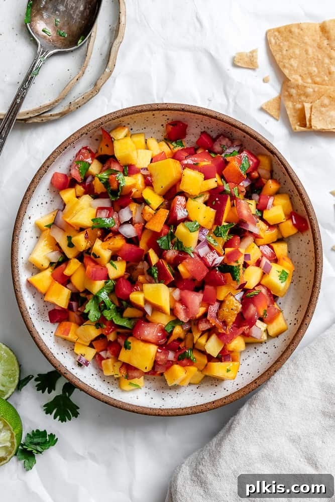 Sweet & Simple Peach Salsa 2 A bowl of vibrant Easy Peach Salsa, garnished with fresh cilantro, ready to be served.