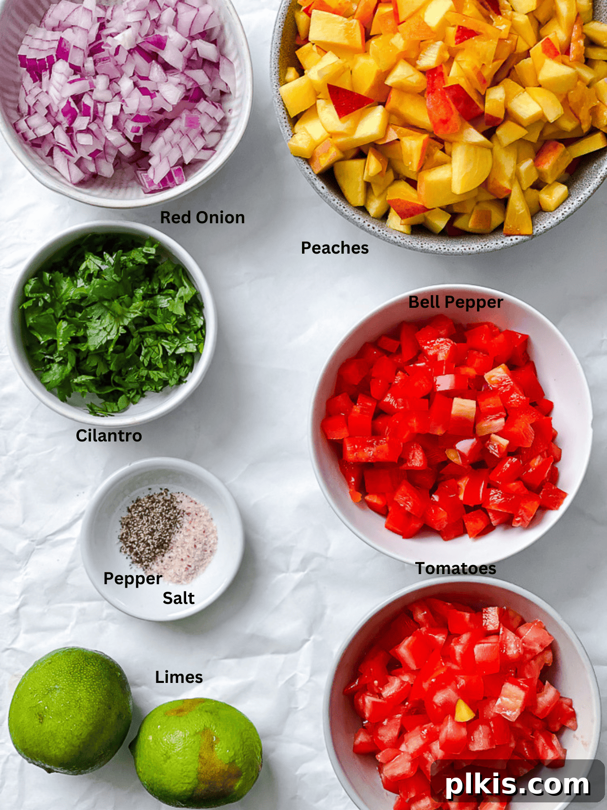 Sweet & Simple Peach Salsa 3 Ingredients for Easy Peach Salsa, including diced peaches, tomatoes, onion, bell pepper, cilantro, lime, and jalapeno, arranged on a white surface.