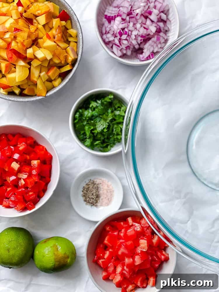 Sweet & Simple Peach Salsa 4 Ingredients for salsa measured out alongside a bowl, ready for mixing.