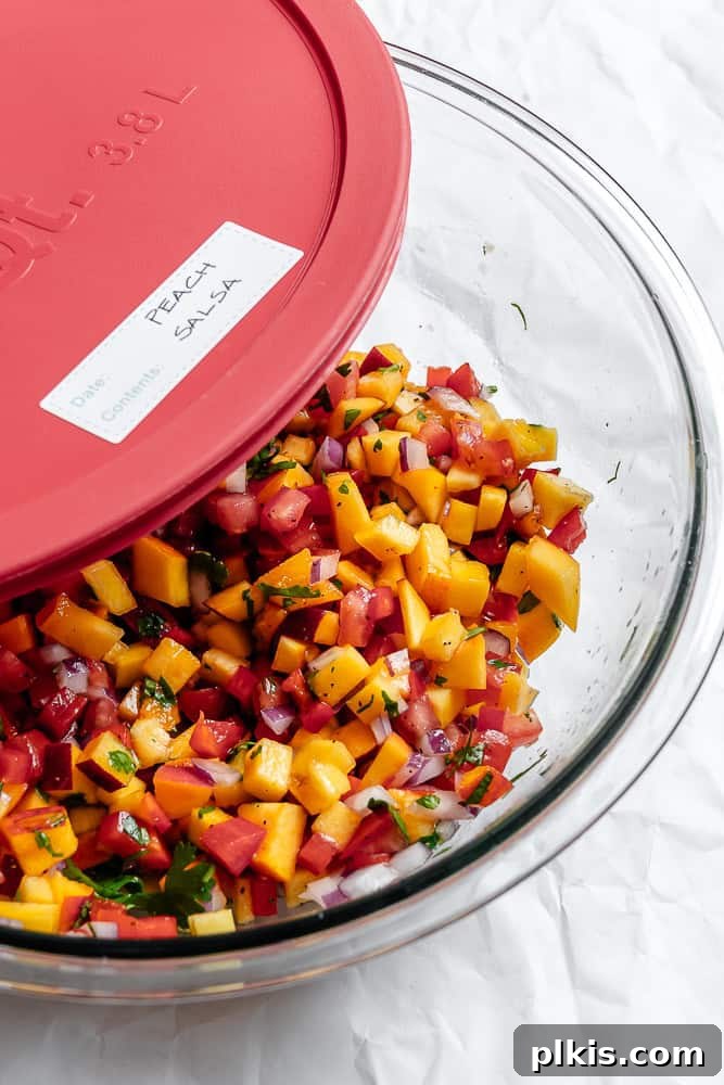 Sweet & Simple Peach Salsa 6 A beautifully presented bowl of Easy Peach Salsa, ready for serving.