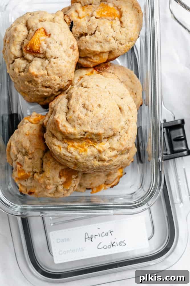 Golden Apricot Delights 11 Several freshly baked Apricot Cookies neatly arranged in a clear airtight storage container, ready for preservation.