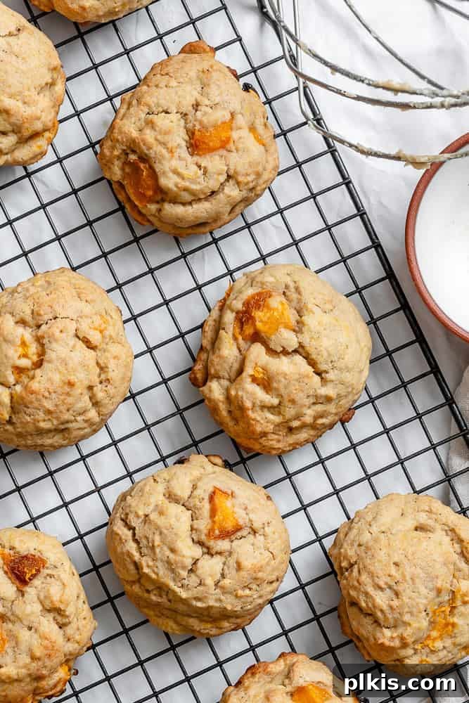Golden Apricot Delights 10 A close-up view of several golden-brown Apricot Cookies cooling on a wire rack, highlighting their perfect texture and vibrant apricot pieces.