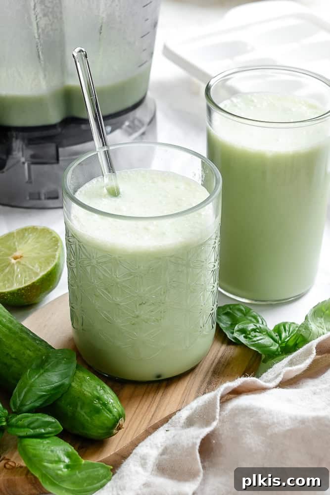 Cool Cucumber Bliss 2 Two glasses of vibrant green cucumber smoothie with basil leaves