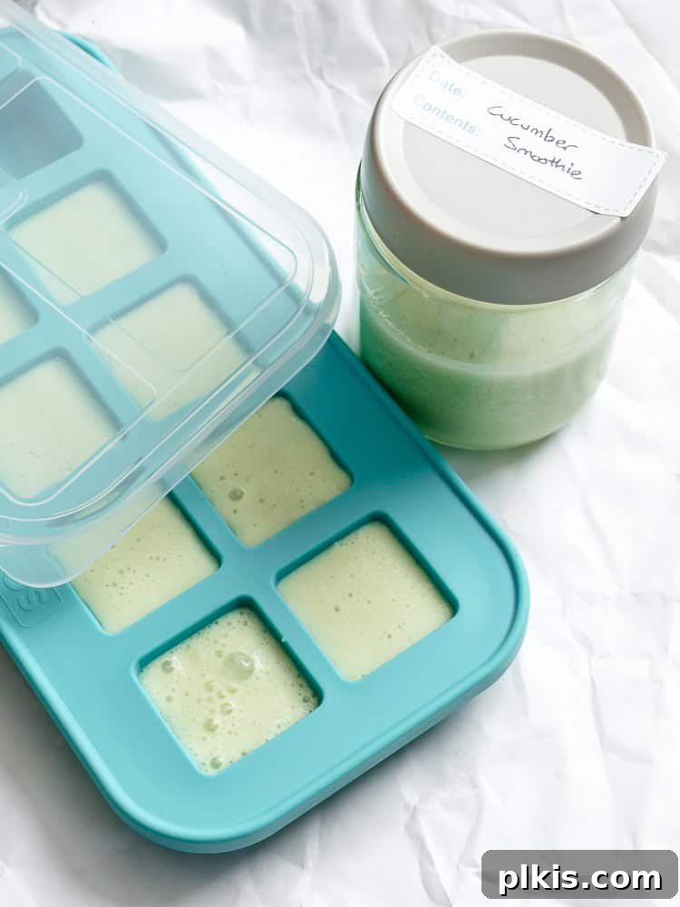 Cool Cucumber Bliss 5 Frozen cucumber smoothie in an ice cube tray, ready for storage