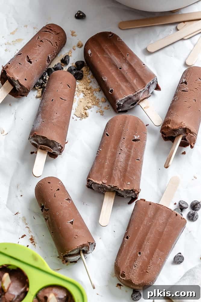 Protein-Packed Chocolate Peanut Butter Pops 2 Delicious Chocolate Peanut Butter Protein Popsicles presented on a clean white surface