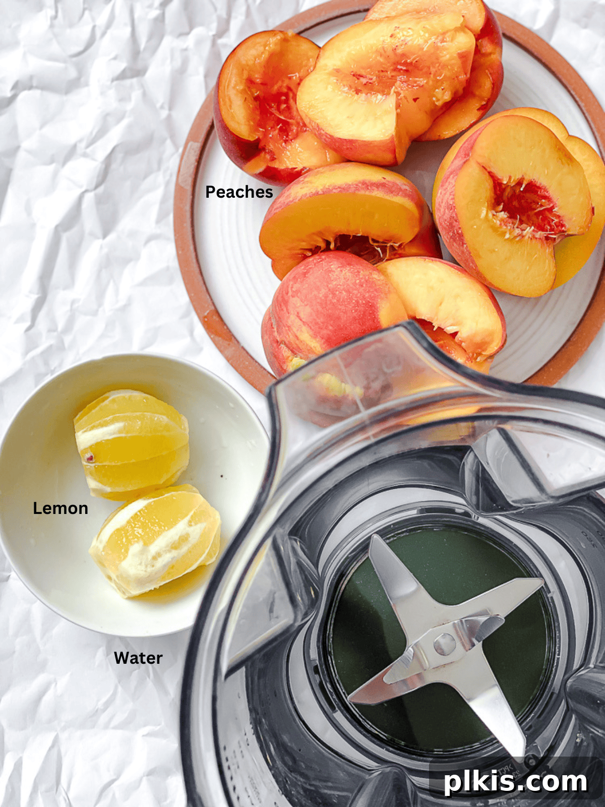 Golden Peach Lemonade 3 ingredients for peach lemonade in individual bowls with labels.