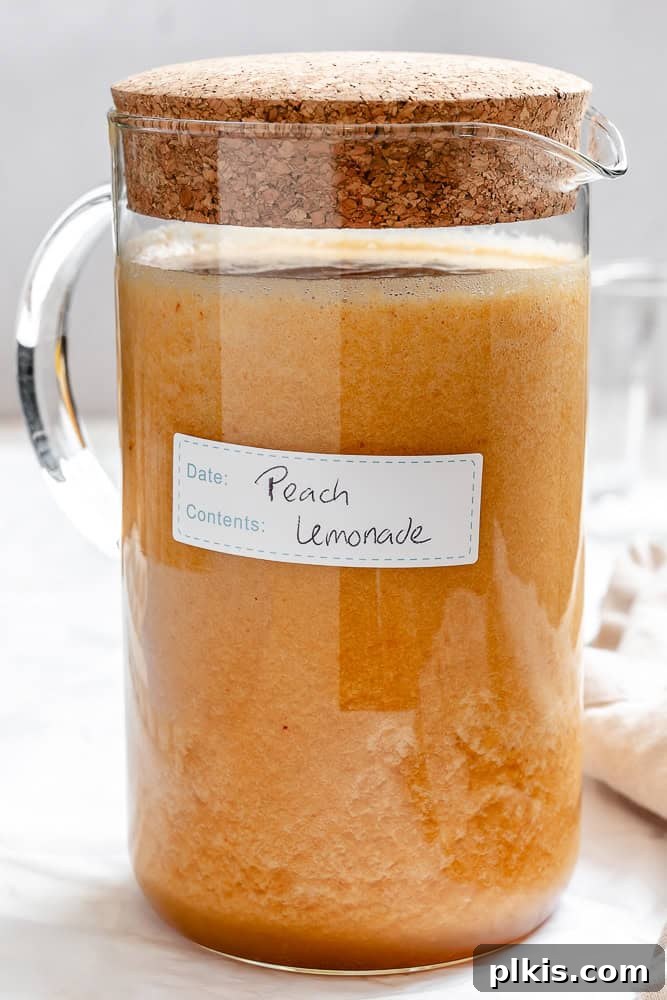 Golden Peach Lemonade 8 a pitcher of peach lemonade with a label.