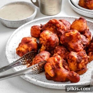 completed BBQ Cauliflower Wings plated on a white plate with a bowl of sauce in the background
