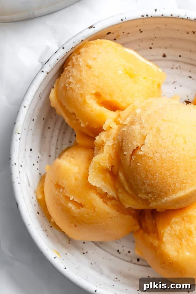 Golden Peach Dream 7 Close-up shot of several scoops of golden peach sorbet in a white bowl, highlighting its perfectly smooth, creamy texture and inviting appearance.
