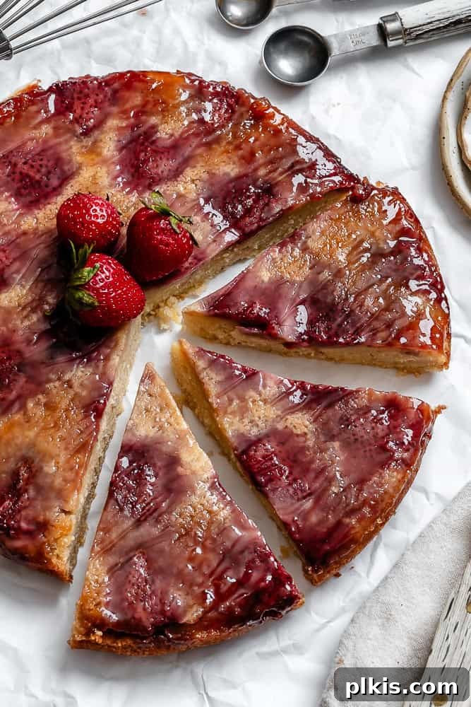 Strawberry Crown Cake 2 completed Strawberry Upside Down Cake sliced into three pieces, revealing the moist cake and jammy strawberry topping