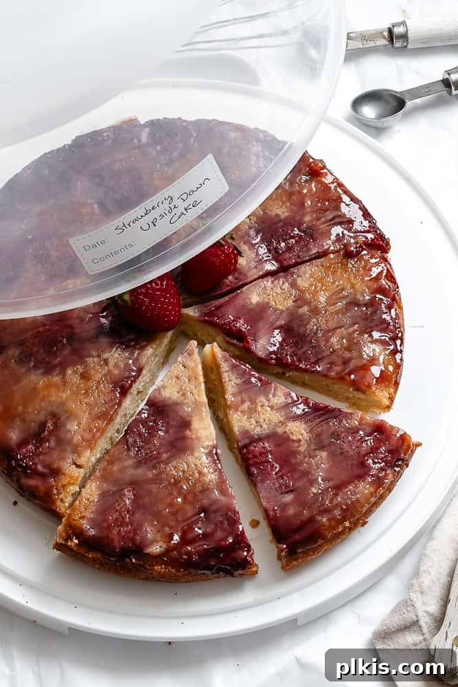Strawberry Crown Cake 10 Strawberry Upside Down Cake in a storage container, ready to be stored
