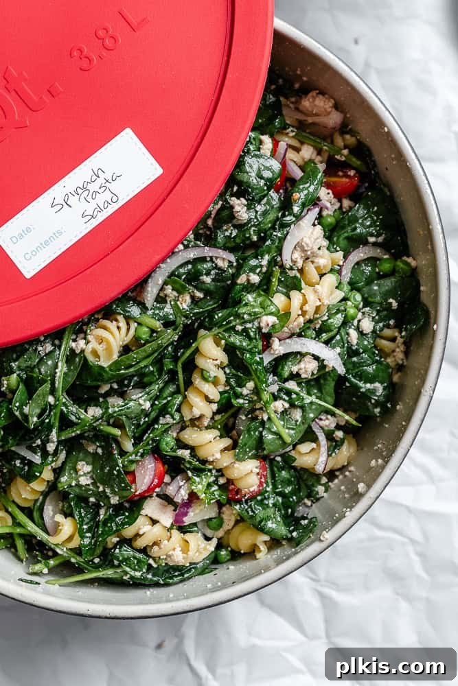 Spinach Pasta Salad in a storage container.