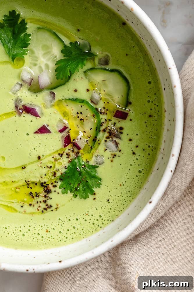 Cool Cucumber Delight 6 A beautifully presented bowl of Cucumber Gazpacho garnished with fresh herbs, ready to be served.