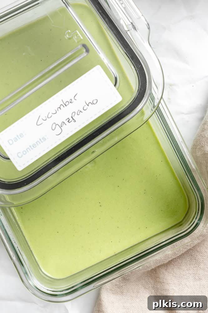 Cool Cucumber Delight 7 Completed Cucumber Gazpacho stored in a clear airtight container, ready for refrigeration.