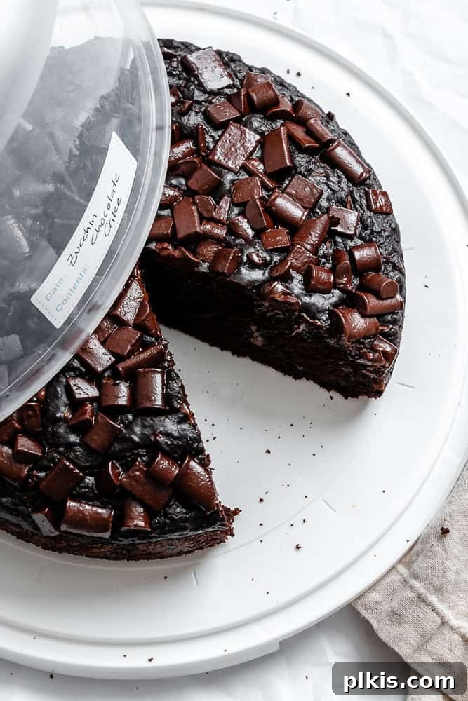 Decadent Chocolate Zucchini Dream 10 Completed Chocolate Zucchini Cake in a clear storage container, ready for refrigeration or freezing.