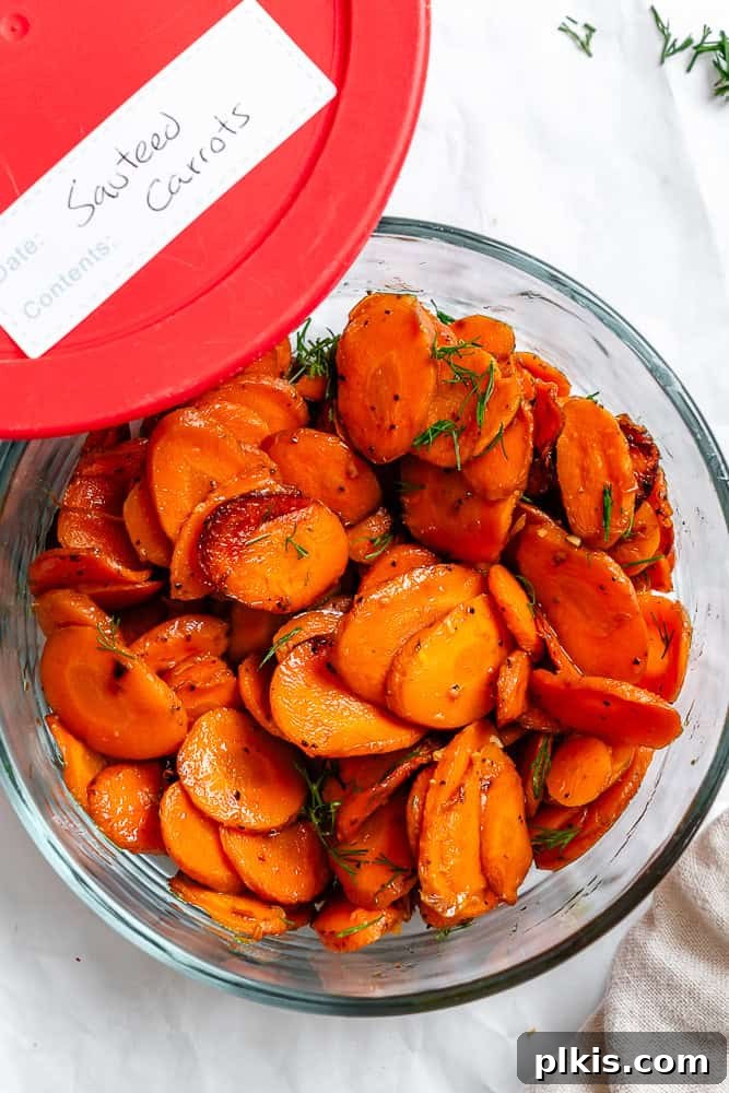 Golden Glazed Carrots 8 Completed Simple Sautéed Carrots stored in a clear airtight container.