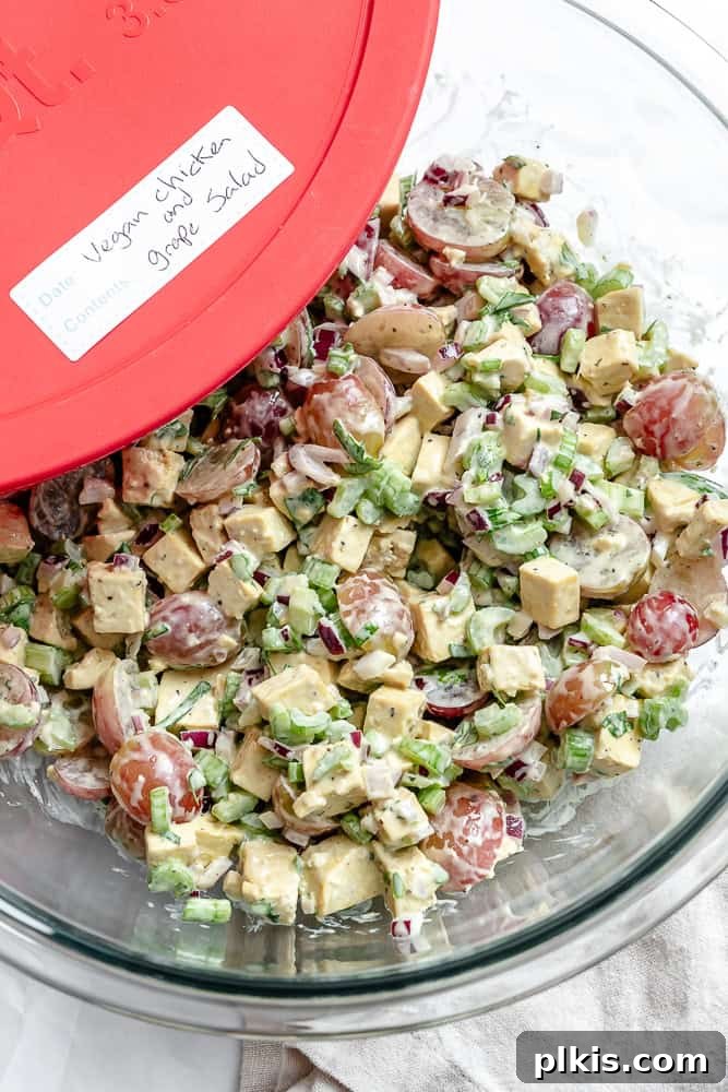 completed Vegan Chicken and California Grape Salad in a storage container, ideal for meal prep
