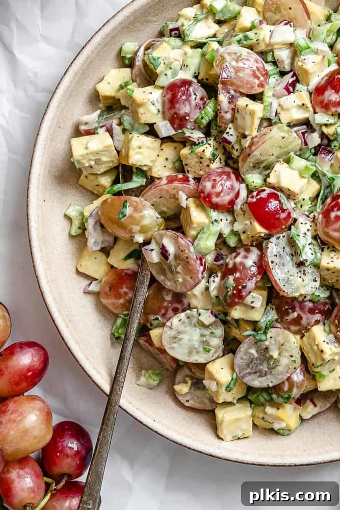 completed Vegan Chicken and California Grape Salad on a plate, garnished and ready to serve