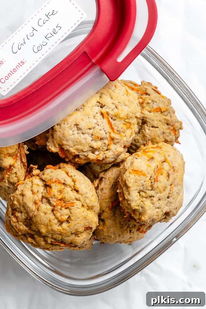 Spiced Carrot Cake Cookies 9 Completed Vegan Carrot Cake Cookies stored in an airtight container.