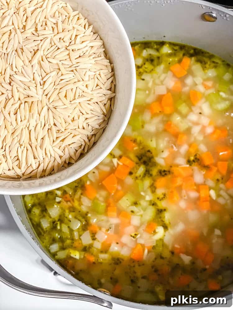 Sunshine Lemon Orzo Soup 6 Process shot showing uncooked orzo pasta being added to the simmering soup in the pot.