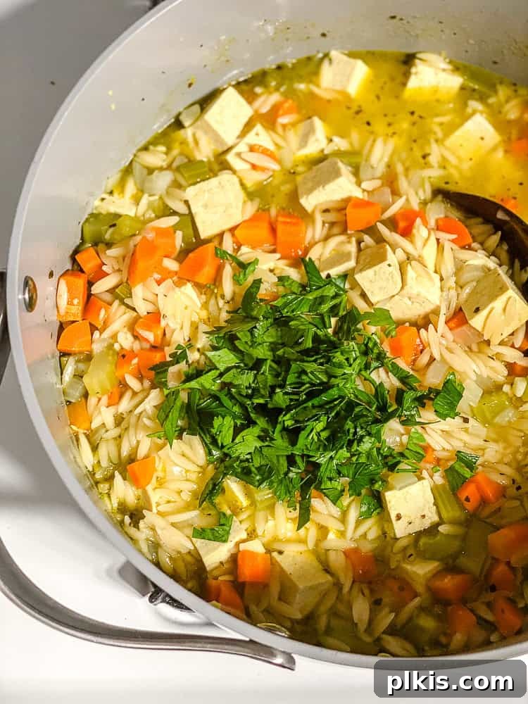 Sunshine Lemon Orzo Soup 7 Process shot showing the lemon orzo soup bubbling gently in the pot as the orzo cooks.