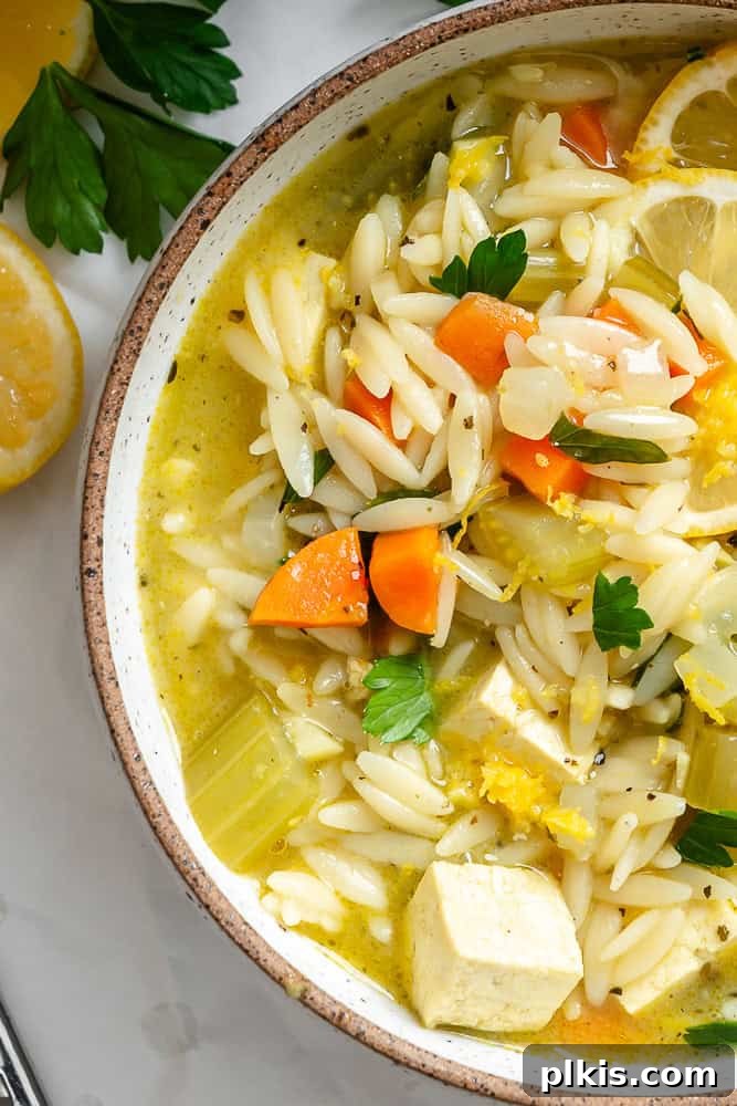 Sunshine Lemon Orzo Soup 8 A close-up shot of a bowl of Lemon Orzo Soup, showcasing the tender orzo, vegetables, and tofu, garnished with fresh herbs and a lemon slice.