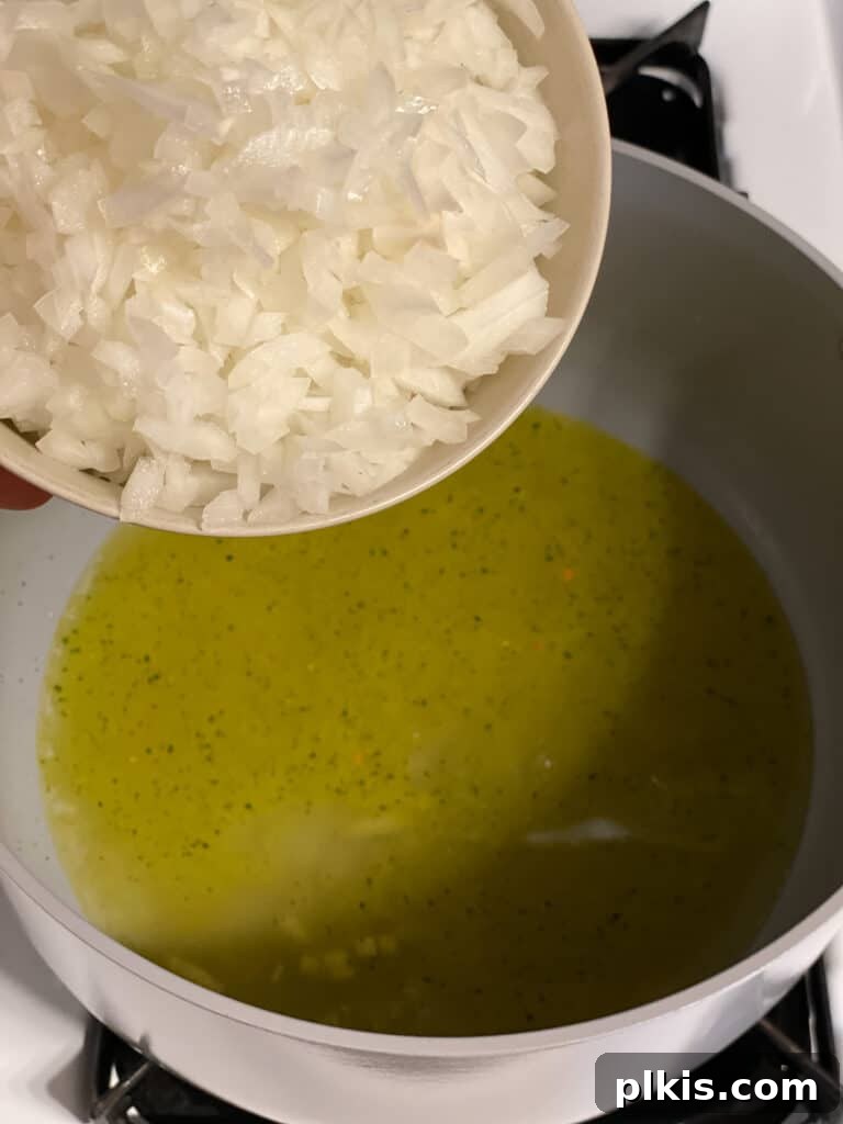 Velvety Vegan Broccoli Bliss 6 process shot of onions being added to pot